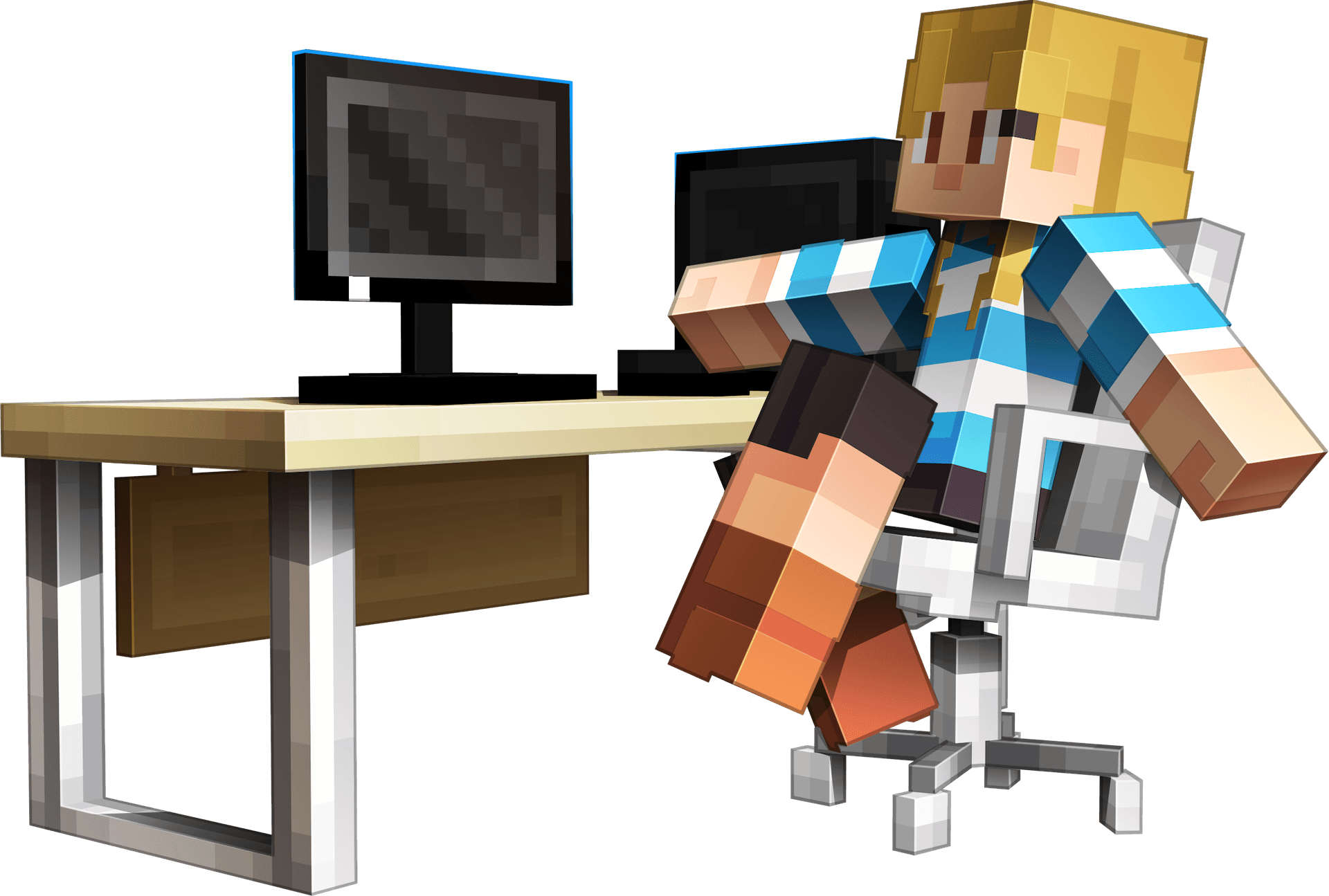 Cool looking customised Minecraft character sitting for a computer.