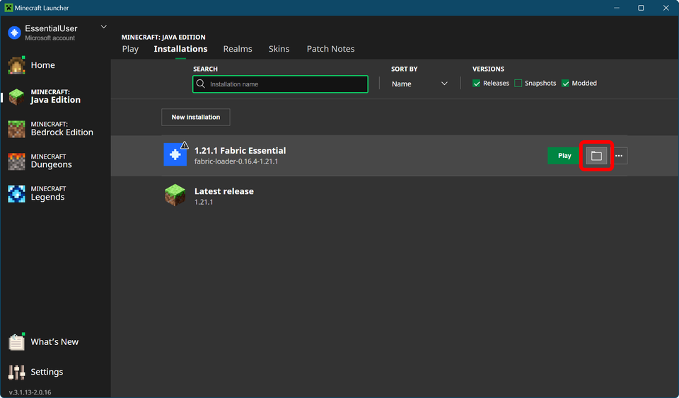 Locate the new game directory in the Minecraft launcher