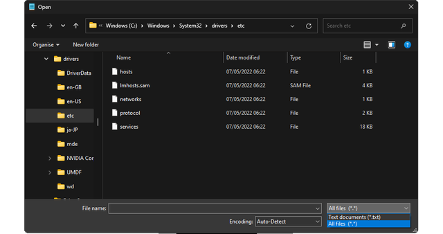 Select hosts file from file directory