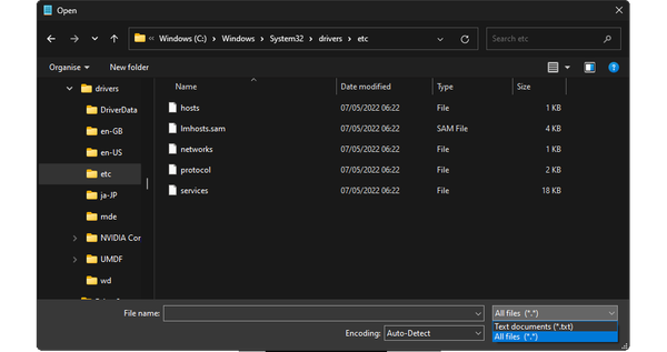 Select hosts file from file directory