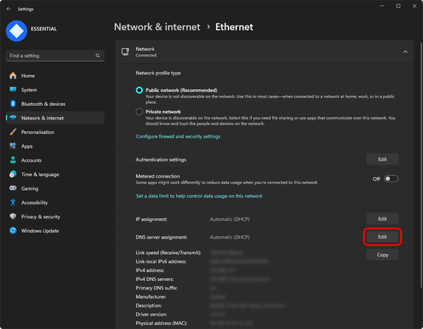 Open DNS server assignment edit menu