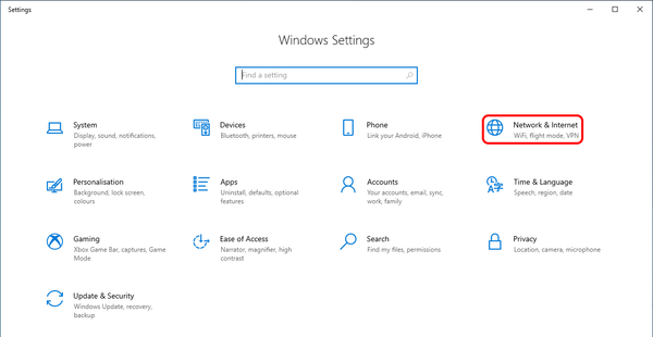Open Network and Internet menu